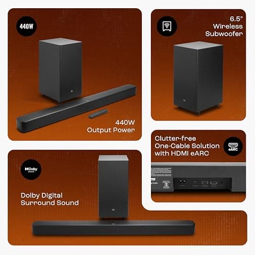 JBL New Launch Bar 2.1 Essential (440W) Soundbar with Dolby Digital & Powerful Bass, Wireless Subwoofer, HDMI ARC, Bluetooth Streaming, Optical Input 2