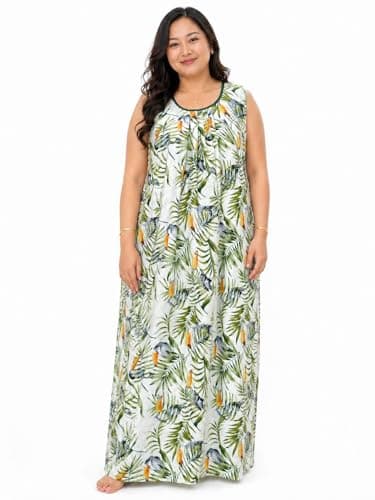Manvicare Women's Rayon Sleeveless Maxi Nightgown, Tropical Palm Print, Loose Fit Nightdress for Girls (2XL) Green
