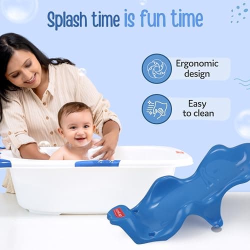 LuvLap Bubble Baby Bathtub (White & Blue) & Anti Slip Baby Plastic Bath Chair (Blue) for 6 Month - 3 Years, Bathtub with Drain Plug, Baby Bath Seat/Sling with Non Slip Suction Base 5