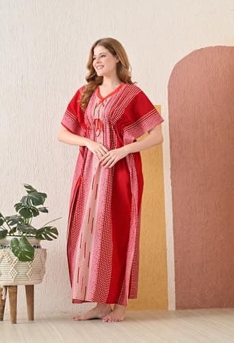 San Apparels Cotton Kaftan Nighty for Women – Soft 100% Cotton Night Dress with Floral Print, Free Size, V-Neck, Adjustable Drawstring – Summer Sleepwear, Maternity Loungewear, Feeding Gown Red 3