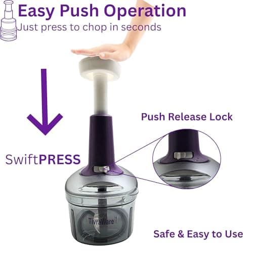 TivraWare Premium SwiftPRESS Push Chopper 650 ML BPA-Free Food Processor with Precision Multi-Blade System, 20+ Cuts in One Press, Easy and Elegant Kitchen Prep 3