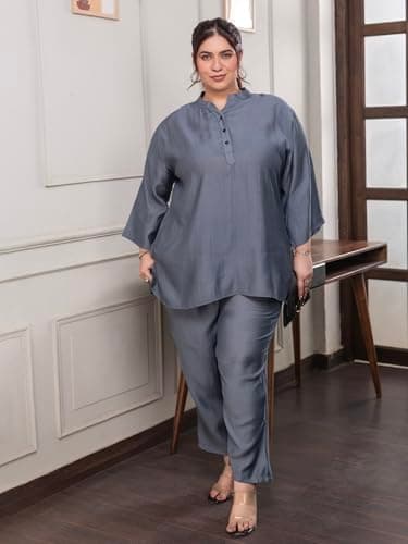 TITTLI Dark Grey Rayon Co-Ord Set | Plus Size Mandarin Collar Tunic with Three-Quarter Sleeves & Elastic Waist Trousers for Women | Casual Outfit (Dark Grey, 5XL) 2