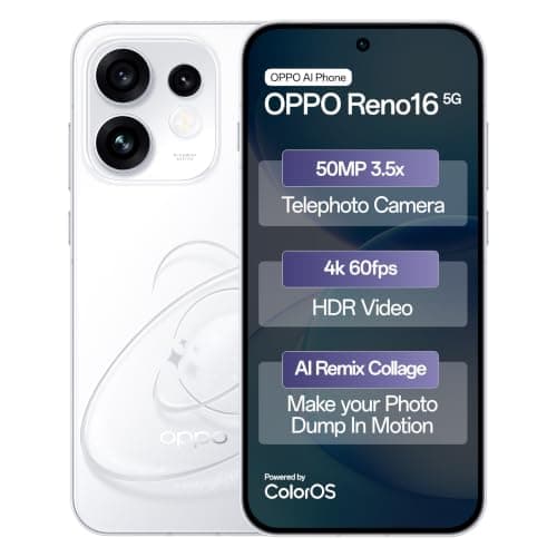 Oppo Reno16 5G (Starry White, 12GB, 256GB) | 3D Design | 50MP 3.5X Telephoto Camera | 4K 60fps HDR Video | AI Remix Collage | Snapdragon 7 Gen 4 | 6700mAh 80W SUPERVOOC | ColorOS 16 | IP69K