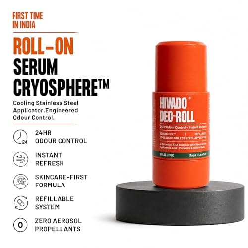 HIVADO Refillable Roll-On Deodorant, Pack Of 1 | 40ml | Natural Odour Control for Men & Women | Cooling Steel Ball Applicator | Probiotic + Niacinamide + Botanical AHA | Aluminium & Alcohol Free | Hel 2