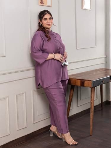 TITTLI Rose Colour Rayon Co-Ord Set | Plus Size Mandarin Collar Tunic with Three-Quarter Sleeves & Elastic Waist Trousers for Women | Casual Outfit (Rose, 5XL) 5
