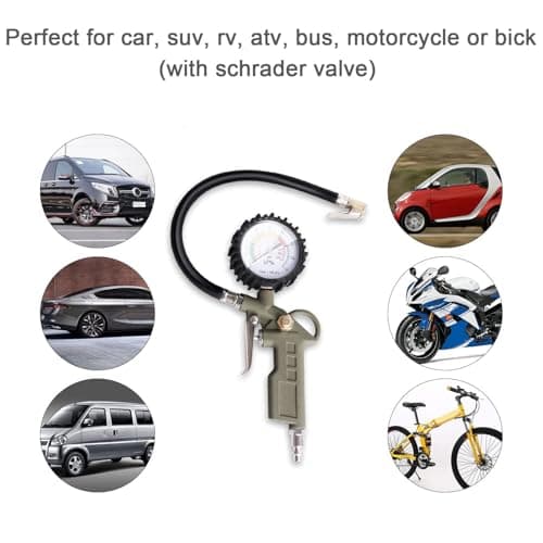 Drofail Tyre Pressure Gauge with Air Inflator Gun for Car, Bike & Cycle | Heavy Duty Metal Body Air Pump with Dial Meter | Accurate PSI Measurement | Air Compressor Tool with Flexible Hose 2