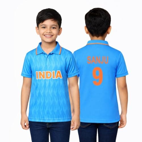 Unirec | Sanju Samson | Kids Boys Girls Team India Cricket T-Shirt | Half Sleeves T-Shirt | Solid Sport Tshirt | World Cup India Blue Jersey - 8-9 Years