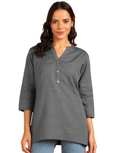 BLOCKS OF INDIA Women Cotton Regular Fit Short Kurta Short Kurti | Straight Short Kurti_Grey_M
