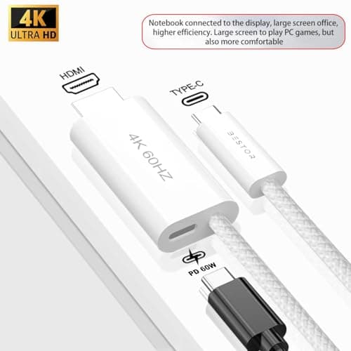 Bestor USB C to 4K HDMI with PD Charging Cable High-Speed 2.0 with Durable Nylon Braiding, 60W PD Charging, 4K@60Hz Ultra HD, Plug-and-Play for MacBook Pro/Air, iPad Pro, iMac, Monitor 2