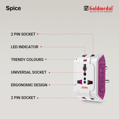 Goldmedal Spice 3 Pin 240V Multi Plug Socket | Universal Travel Adaptor with LED Indicator | Supports 2-Pin&3-Pin Plugs | Multiplug for Home&Office Appliances | Compact & Reliable 2