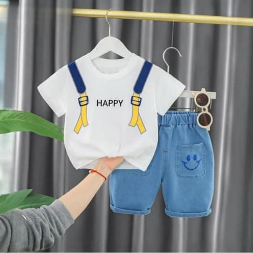 Indhrani Garments Kids Clothes for Boys | Cotton T-shirt and Denim Shorts for Baby Boys | Baby Boy Dress Clothing Set, White 5-6 year 3