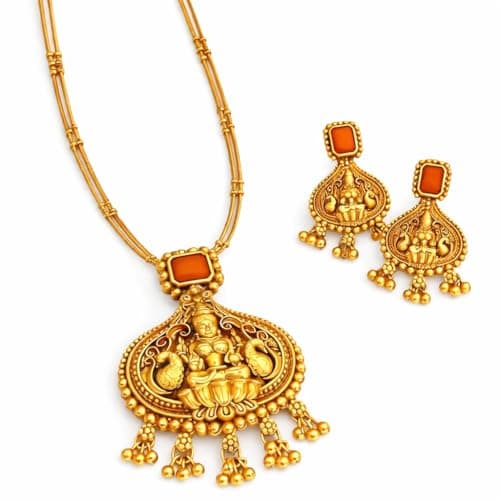 Visaga Aura Premium South Indian Lakshmi Temple Jewellery Necklace Set for Girls & Women –Lightweight Antique Gold Plated Goddess Lakshmi Pendant Necklace with Orange Stone, Traditional Ethnic Wedding