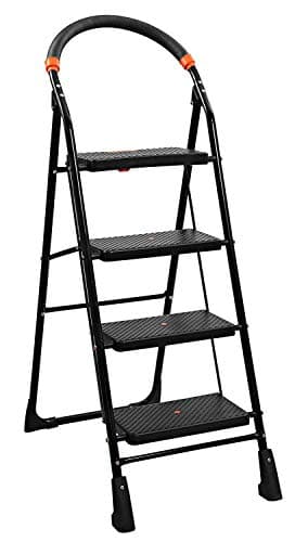 Parasnath 4 Step Black Diamond Steel Ladder - Foldable Step Ladder -Wide Anti Skid Plastic Steps -Space Saving Design Ideal For Home, Office And Warehouse -6 Year Manufacturer Warranty - Made in India