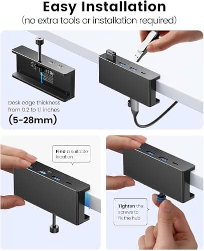 WISTAR USB Hub 3.0, Clamp USB Hub with Extra Power Supply Port, Aluminum 4-Port USB Adapter with 3 USB-A Data Ports, USB-C Port for Monitors, Desks 3