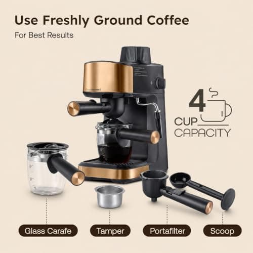 Prestige Espresso 800W Coffee Maker Black and Gold|Detachable Drip Tray|Built-In Milk Frother|1 Year Warranty 4