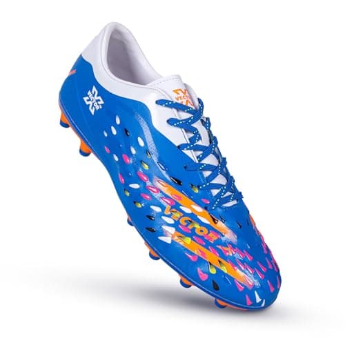 Vector X Maverick Men’s Football Shoes Ideal for Synthetic Turf & Hard Ground Fully Emboss PU with Double Color TPU Sole Soccer Shoe (Blue-Orange, 8) 2