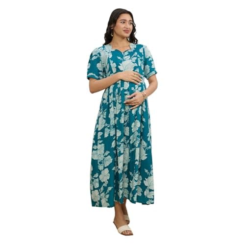 MomToBe Cotton Maternity Feeding Kurti Dress for Women | Pregnancy Dress with Concealed Zippers for Nursing | Comfortable Calf-Length Outfit for Office (Teal Blue, Large)