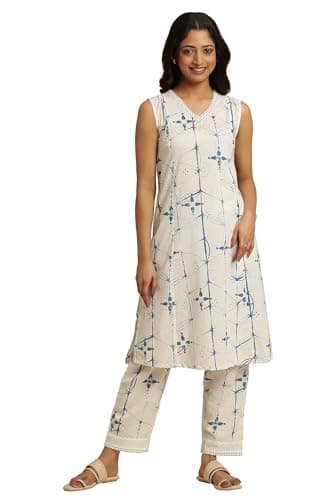 W for Woman White Printed Cotton Co-Ord Kurta Sets With Straight Pant_24FEWS10529-123082_3XL