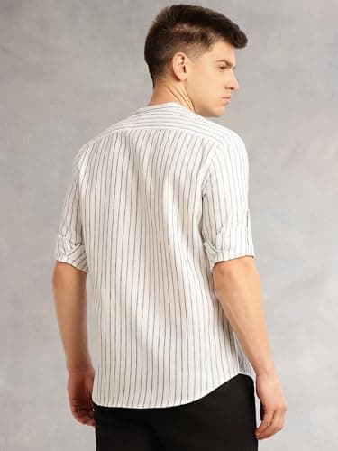 Thomas Scott Men's Slim Fit Cotton Linen Casual Shirt with Mandarin Collar | Vertical Stripes | Three-Quarter Roll-Up Sleeves (TS1381_Navy_S) 4