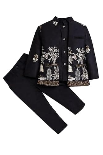 Akshita Trading Boys Embroidered Jacket and Pant Set, Teal Green, Floral Design, Traditional Ethnic Wear (Black, 2-3 Years)
