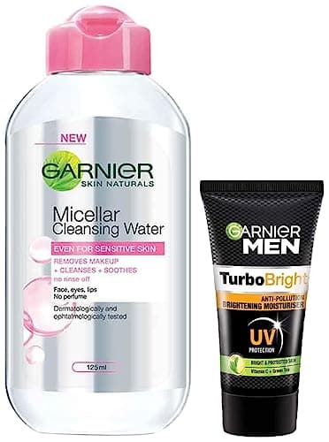 Garnier Skin Naturals, Micellar Cleansing Water, 125ml & Garnier Men, Moisturiser, Brightening and Anti-Pollution, TurboBright, 40 g