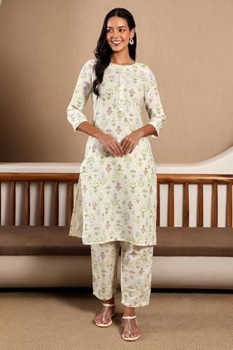 W Ecru Floral Printed Lace Cotton Kurta and Pant Set for Women 2
