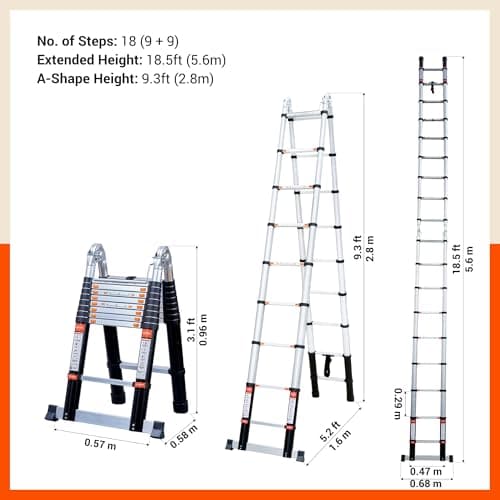 Bathla 18.5 ft A-Type Foldable Aluminium Telescopic Ladder with 18 Steps | Portable & Compact | 2-Year Warranty | Multi-Purpose Ladder for Home, Industrial & Outdoor Use 2