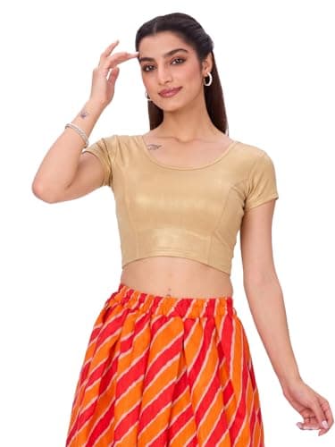 Plus Size Round Neck Stretchable Shimmer Blouse Gold Short Sleeve