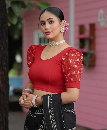 Amazon Brand - Anarva Round Neck Lycra Stretchable Puffed Elbow Sleeve Readymade Saree Blouse for Women Stylish (roli-red-Blouse-XL) 3