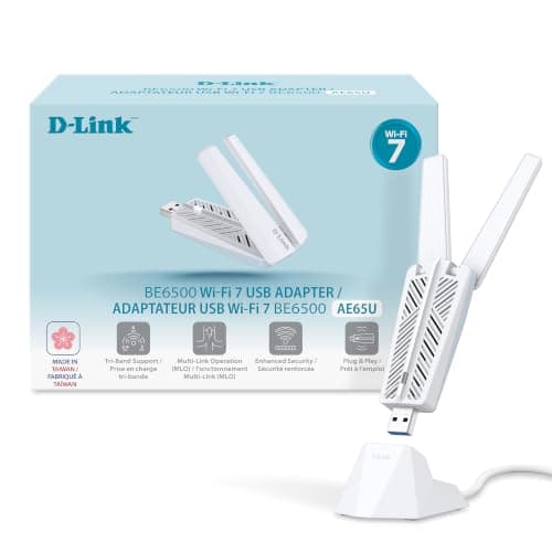 D-Link BE6500 Tri-Band Wi-Fi 7 Wireless USB 3.0 Adapter for Desktop or Laptop PC (AE65U) 2 x High Gain Antennas, 6GHz, 4K-QAM, 160MHz, WPA3 Enhanced Security, Detachable Cradle, Windows 11,10
