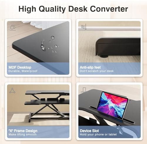 JIN OFFICE Sit Stand Desk Converter| Large Size 80 * 40CM Top| Premium Hydraulic Gas Spring Height Adjustable Standing Desk Converter| 1 Year Warranty | to be Placed on Top of The Desk| Standing Desk 5