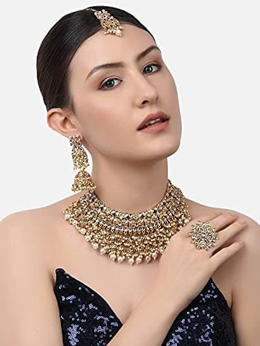 ZAVERI PEARLS Gold Tone Kundan Choker Necklace Earring Maangtikka & Ring Set For Women-ZPFK10799 2