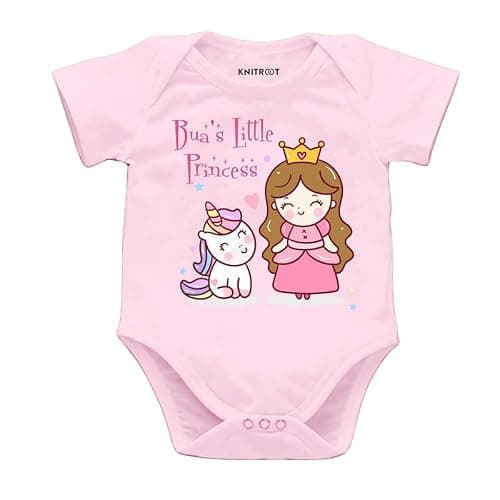 KNITROOT Bua Family Special Onesies, Unisex Baby Kids Cotton Lycra Envelope Neck Half Sleeve Pink Romper, Bodysuit, Sleepsuit, Bua's Little Princess, 0-3 Months, Infant Cloths for Boys & Girls
