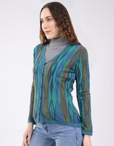 Monte Carlo Women's Regular Fit Cardigan | Printed Pattern | Button Closure with Full Sleeve V Neck | Printed Winterwear Cardigan for Women Green M (Pack of 1) 2