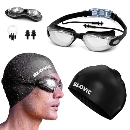 SLOVIC Swimming Goggles & Cap Combo | Anti-Fog Swimming Goggles for Men | Swimming Cap for Men | UV Protected Swimming Goggle for Women with Adjustable Straps | Unisex Swim Accessories [Black]