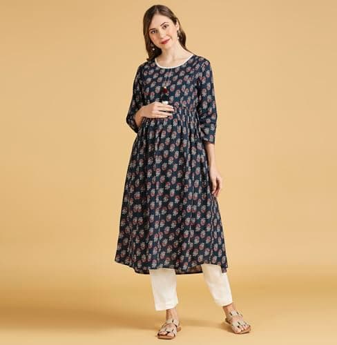 MomToBe Wome's Cotton Anarkali Maternity Kurti/Pregnancy Dress/Easy Breastfeeding Kurta with Zippers/Maternity Dress with Zippers for Nursing Pre and Post Pregnancy (Basil Green ; 2XL) 2