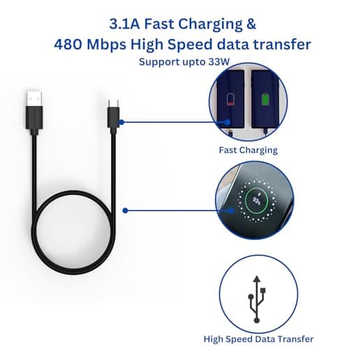 twance small 0.25 Meter USB to Type C| 3.1A fast charging & 480Mbps data transfer cable (Pack of 2)-Braided & PVC Black Color| Compatible with Samsung, Moto, Oneplus, Laptop,Tablet & all C port device 5
