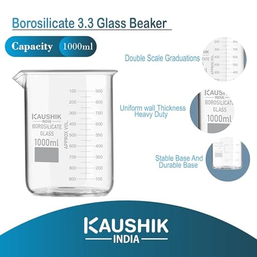 KAUSHIK INDIA Borosilicate Glass 3.3 Measuring Beaker 1000ml Pack of 1 with Printed Graduation Scientific Glassware for Laboratories, Classrooms Educations or Home Use 2