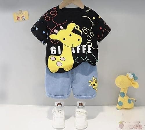 Jaganath Creations Kids Dress for Boys | Round Neck Half Sleeves Cotton Printed T shirt with Denim Shorts (Black/, 12-18 month) 2