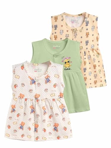 HELLCAT 100% Cotton Baby Frock Dress for Girls - Pack of 3, Soft & Trendy, Sleeveless (0-18M)_Beige/Sea Green/Yellow_12-18 Months