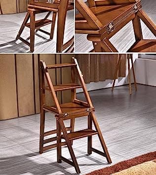 MAHOKSHA Multifunctional Wooden Four Step Stool for Kitchen and Home||Wooden Folding Library Ladder Chair,2 in 1 Lightweight Portable Multifunctional Step Stool| Foldable Chair 3
