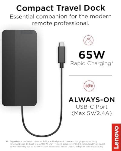 Lenovo USB-C Dual Display Travel Dock - 7 Ports, Integrated USB-C Cable, Universal Compatibility, Dual Displays at 4K - Black 2