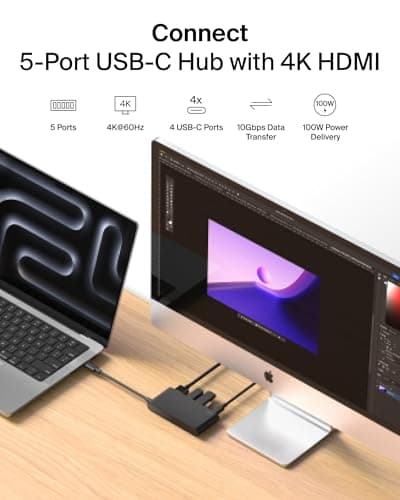 Belkin USB Hub for Laptop 5-in-1, USB C Hub – Multi USB Port Adapter with 4K HDMI @ 60Hz, 100W USB-C PD, 10Gbps High Speed Data Transfer | Type C Hub Docking Station for MacBook, iPad Pro, Chromebook 2