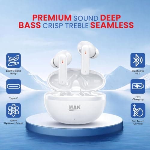 MAK Pro Wireless Bluetooth Earbuds with Powerful Deep Bass, HD Stereo Audio, Long Lasting Battery, Smart Touch Controls, Secure Fit and Seamless Connectivity for Android, iPhone and Daily Use 4