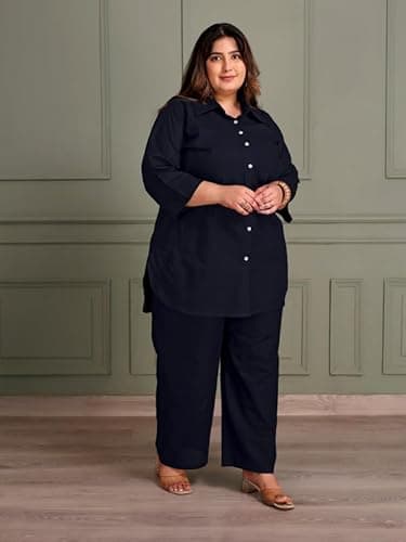 TITTLI Women Plus Size Cotton Co-Ord Set | Collared Shirt & Trouser Set | 3/4 Sleeve Tunic Shirt | Elastic Waistband with 2 Pockets Pants | Casual Wear Outfit | 3XL to 6XL Navy Blue 5