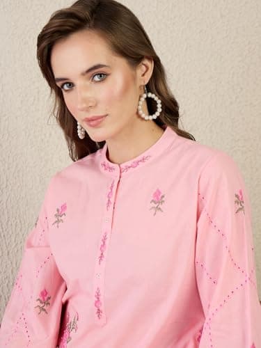 INDO ERA Women's Pure Cotton Floral Embroidered Straight Kurta & Pant Set | Co Ord Set For Women Stylish 2