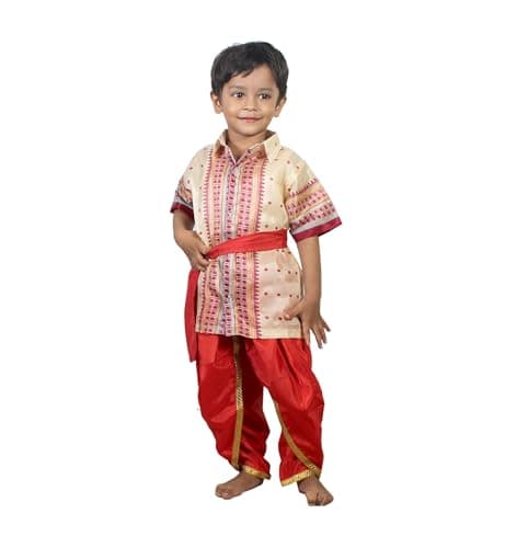 Kaku Fancy Dresses Indian Ethnic Bihu Costume for Dance Event, Theme Plays, for Boys, 7-8 Years -Cream