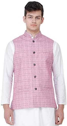 Exotic India Waistcoat with Double Check Pattern and Front Pockets - Color Pastel LavenderGarment Size 42