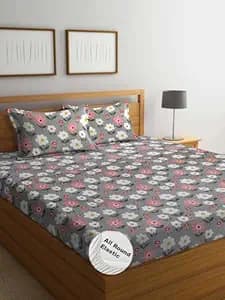 DECOMIZER 300 TC Cotton Feel Glace Cotton Elastic Fitted Printed King Size Double Bed Bedsheet with 2 Pillow Coverm Fits Upto 8 inches Mattress, Size- 72x78x10 Inches, Grey Sunflower