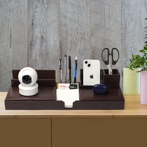 GIFTONVY Office Desk Organizer and Workspace Accessories Storage Set Leather 11 Compartment Multipurpose Sticky Note Tray Remote and Stationary Pen Stand With Mobile Holder 5